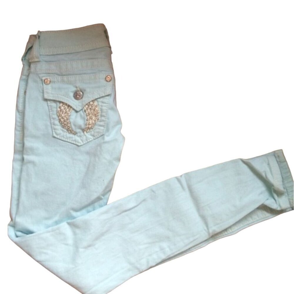 Miss Me Ice Blue Leather Fallen Angel Skinny Jeans Women's Size 28 Excellent ver